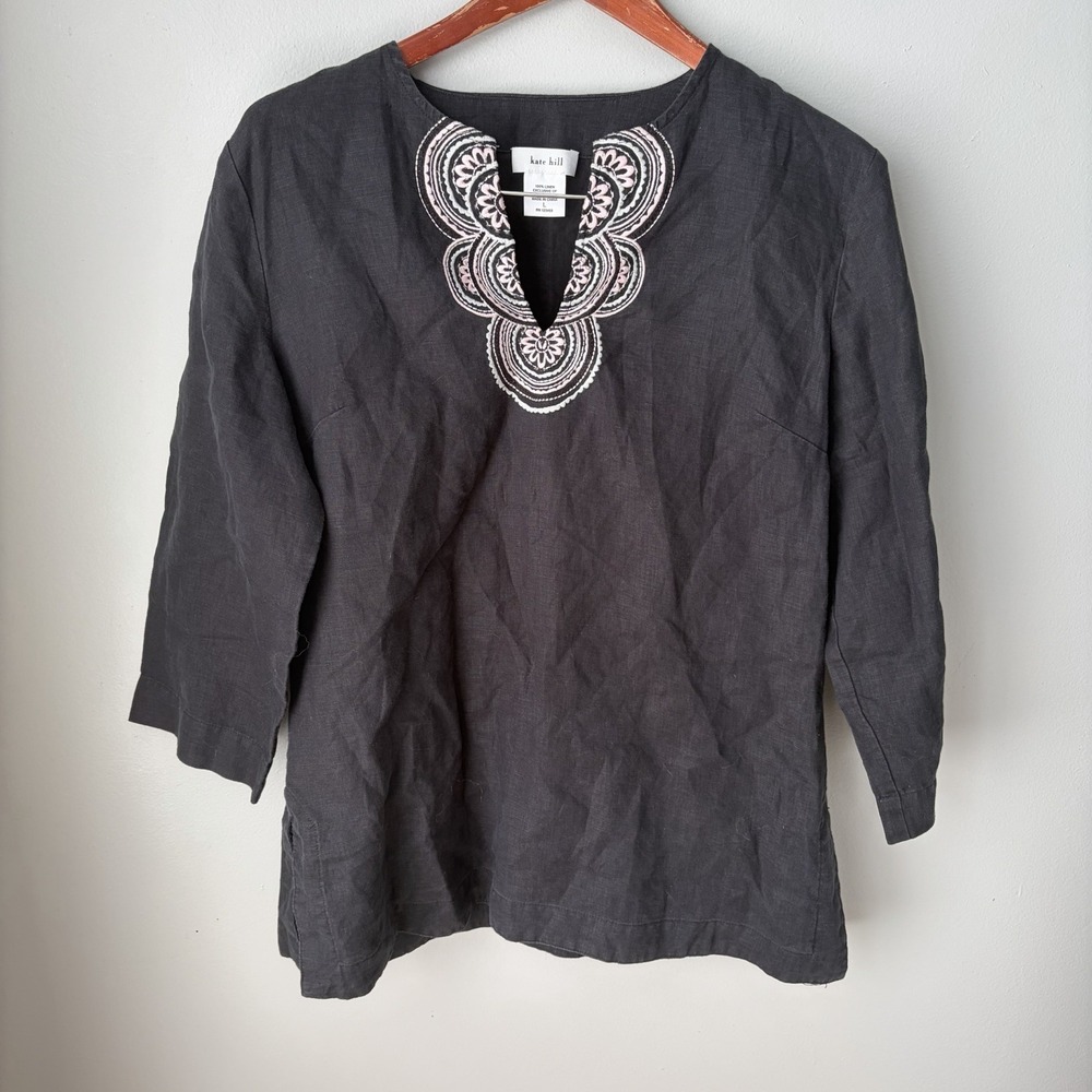 KATE HILL Linen Two‎ Piece Set Wide Leg Pants & Tunic Embroidered Top Black Sz L